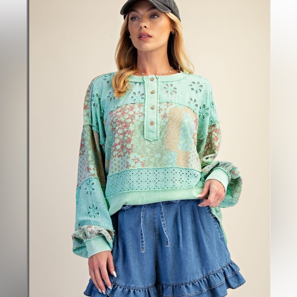 Easel Last 1️⃣ Floral Patchwork Mineral Wash Mint Green Top- Last one